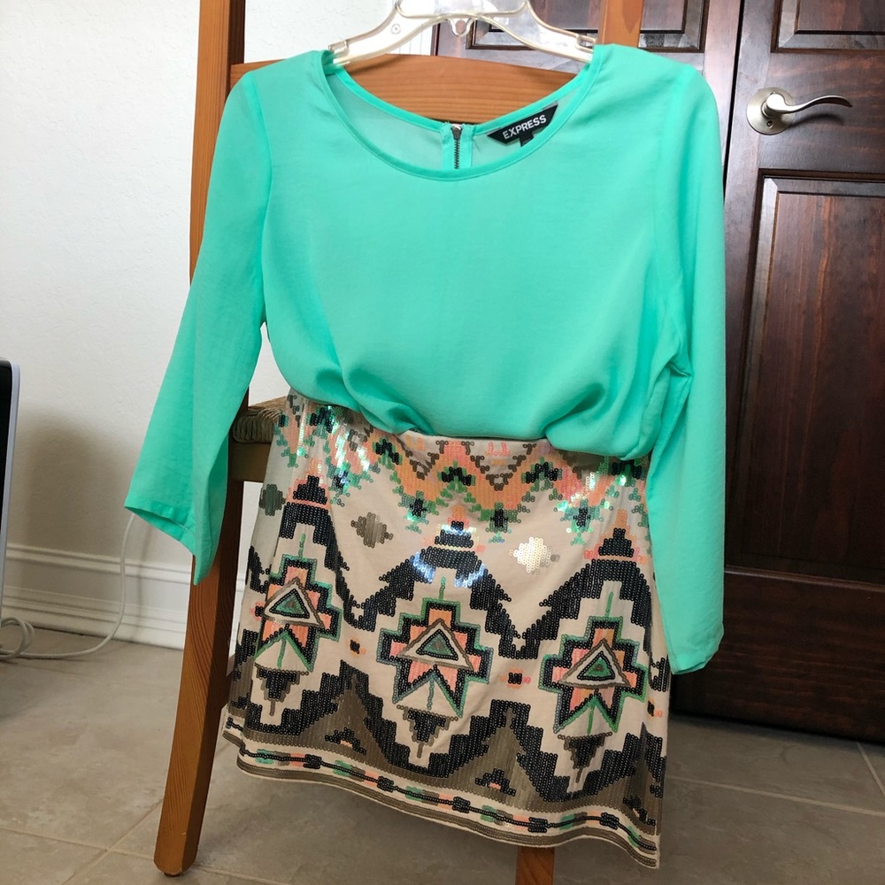 Express sequin mini skirt and polyester shirt
